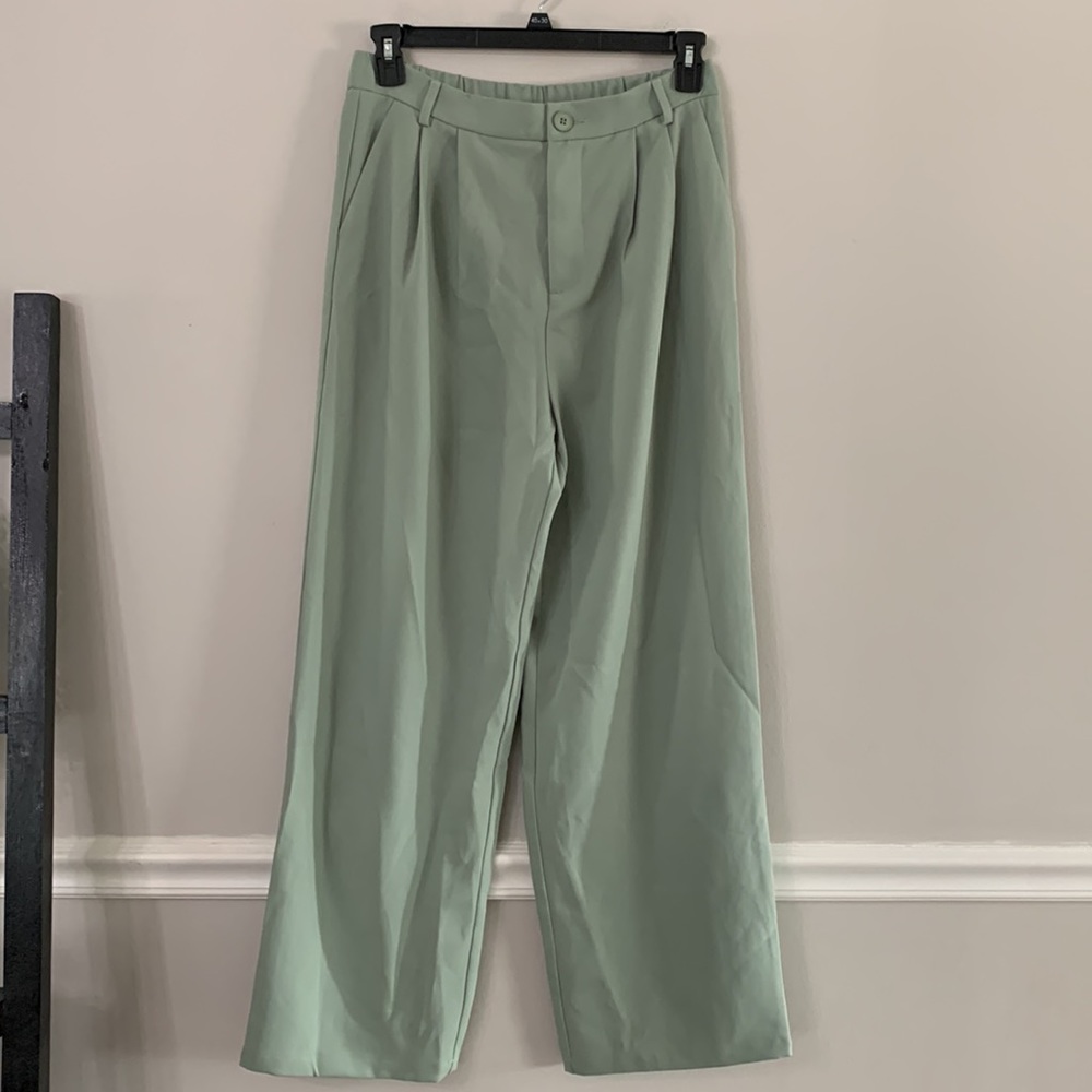 NEW AHA SELECTED HOGH WAIST WIDE LEG SUIT PANTS SIZE:L IN GREEN